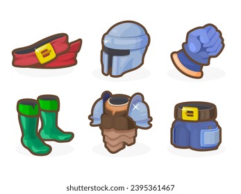 Game casual armor icons for your app. Bright remarkable UI elements. Good for animation. Chest, leggings, helmet, belt etc. Nice vector UI illustration for your business.