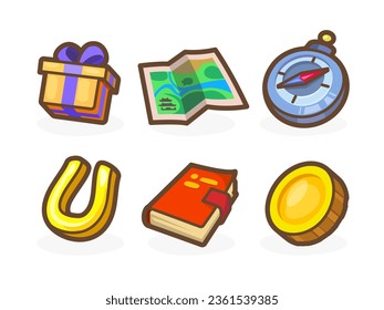 Game casual icons for your app. Bright remarkable UI elements. Good for animation. Map, compass, book and others. Vector illustration for your business.