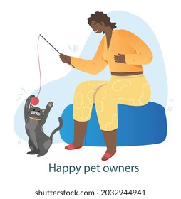 Game with cat concept. Happy woman takes care of her fluffy pet. Kitten playing with ball on string. Cute animal in room. Cartoon contemporary flat vector illustration isolated on white background