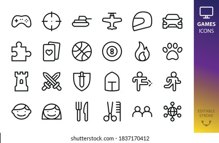 Game Categories Isolated Vector Icons. Set Of Shooter, Tanks, Race, Puzzle, Cards, Sport, Tower Defense, Rpg, Mmo, 2 Players, Fighting, Platform, Runner, Billiard, Cooking, Strategy, Airplane Games