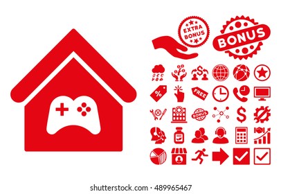 Game Center Building pictograph with bonus icon set. Vector illustration style is flat iconic symbols, red color, white background.
