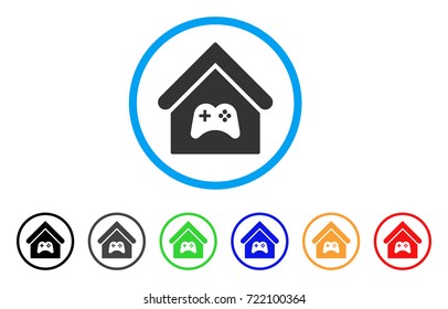 Game Center Building rounded icon. Style is a flat game center building gray symbol inside light blue circle with black, gray, green, blue, red, orange variants.