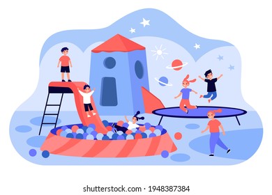 Game center for children. Active kids playing at day care center, vibrant playroom flat vector illustration. Indoor activity for kids, childhood concept for banner, website design or landing web page