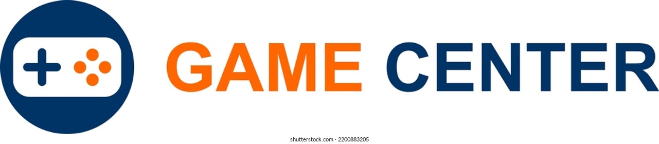 
Game center, vector. Gamepad logo and inscription game center in orange and blue on a white background.