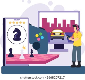 Ilustración de Game Center. Niño jugando juegos en el teléfono inteligente e ilustración de computadora