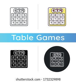 Game of chance icon. Traditional party pastime, old fashioned entertainment, competitive game. Linear black and RGB color styles. Lotto card with random numbers isolated vector illustrations