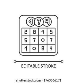 Game of chance pixel perfect linear icon. Traditional party pastime thin line customizable illustration. Contour symbol. Lotto card with random numbers vector isolated outline drawing. Editable stroke