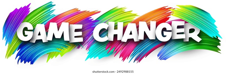 Game changer paper word sign with colorful spectrum paint brush strokes over white. Vector illustration.