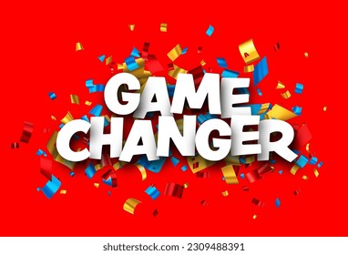 Game changer sign over colorful cut out foil ribbon confetti on red background. Design element. Vector illustration.