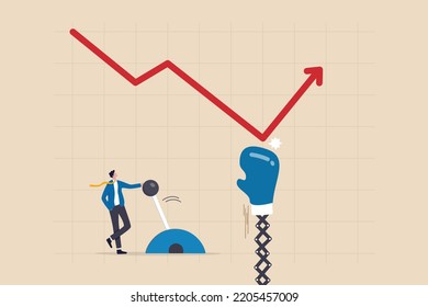 Game Changer Strategy To Improve Or Rising Up, Stock Market Rebound Or Solution For Economic Recover From Recession Concept, Businessman Push Switch To Change Direction From Falling Down To Rising Up.