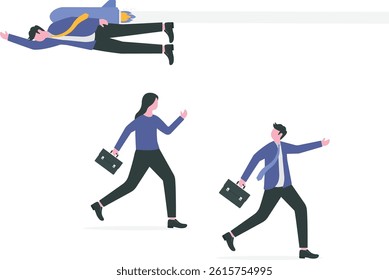 Game changer, unique way to win business competition, being different and creativity as an advantage to win concept, businessman flying with rocket jetpack in different direction of other competitors.
