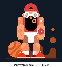 Game character. Basketball player with ball. Vector illustration in flat style on dark background.