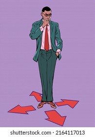 game character control right left forward back. Businessman at the fork. difficult decision. Pop art retro vector illustration kitsch vintage 50s 60s style