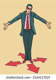 game character control right left forward back. Businessman at the fork. difficult decision. Pop art retro vector illustration kitsch vintage 50s 60s style