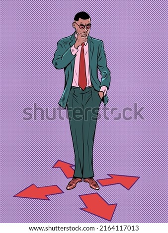 game character control right left forward back. Businessman at the fork. difficult decision. Pop art retro vector illustration kitsch vintage 50s 60s style