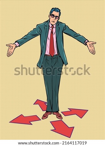 game character control right left forward back. Businessman at the fork. difficult decision. Pop art retro vector illustration kitsch vintage 50s 60s style
