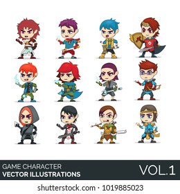 Game character design. Vector illustration of cartoon warrior, fighter, swordsman, knight, thief, magician, wizard, mage, ninja, assassin, dual blade, bow, spells, magic, mace, sword, staff, arrows. 