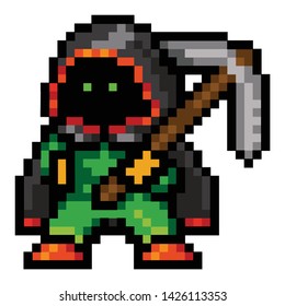 Game character dwarf, pixel graphics, 8 bits, vector image. Dwarf in the hood with the tool in his hand. Animated hero. Eyes glow, legs apart. It is painted in different colors: orange, green, brown.