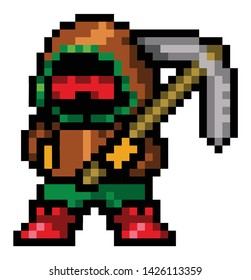 Game character dwarf, pixel graphics, 8 bits, vector image. Dwarf in the hood with the tool in his hand. Animated hero. Eyes glow, legs apart. It is painted in different colors: orange, green, brown.