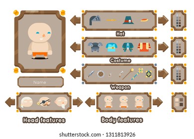 Game character generation interface weapons screen concept fantasy adventurer RPG flat design magic fairy tail template vector illustration