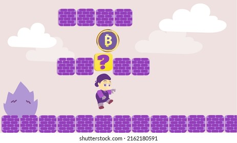 Der Spielfigur klopft Bitcoin aus. Kryptowährungsspiel. Verdienen Sie Kryptowährung. Kryptowährung und Blockchain Netzwerk Geschäft Vektorgrafik. 