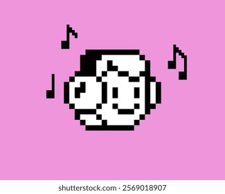 Game character listening to music. 8bit pixel avatar head in headphones. Y2k smile funny face icon. Music notes. Cool badge element. Geometric modern shape. Vector illustration. Pixel art sticker