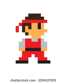Game character, man icon, color pixel illustration isolated on white background, red pixel overall and bandage, black pixel shoes, man silhouette