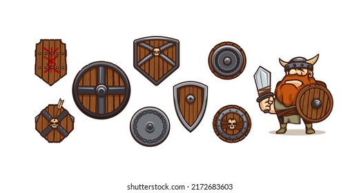 Game character viking and different shields. Norway medieval warrior with helmet and sword. Vector cartoon illustration of strong man barbarian with armor and set of wooden and metal shields
