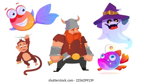 Game Characters with Viking, Monkey, Fish and Ghost Vector Set