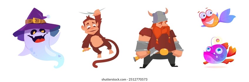 Game Characters with Viking, Monkey, Fish and Ghost Vector Set