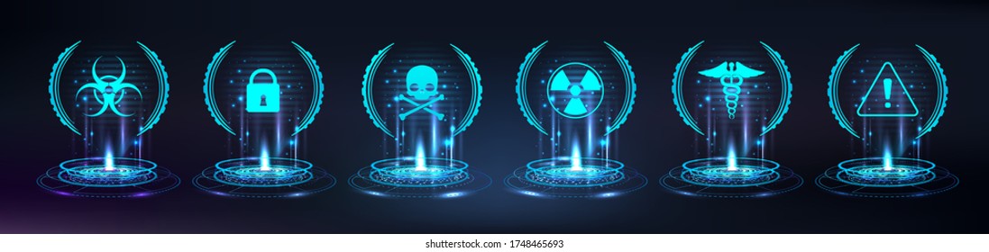 Game checkpoint, hologram base. HUD, GUI hi-tech elements. Circle digital projector or teleport, or magic portal with glow effect. Virtual reality(VR) elements with icons symbols. Vector illustration