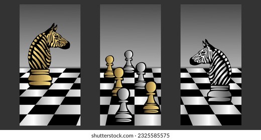 A game of chess, an art when horses are replaced by zebras - decorative illustration in the form of a triptych in gold and silver colors.