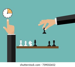 Game of chess. The hand rearranges the chess piece. Flat design, vector illustration, vector.