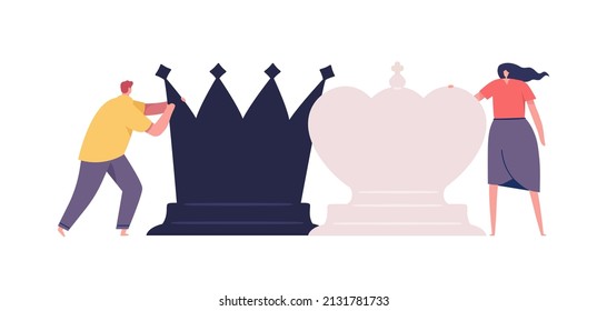 Juego de ajedrez. Dos personas mueven piezas de ajedrez. Un hombre y una mujer están jugando un juego intelectual. Jaque mate. El rey y la reina. Ilustración vectorial.