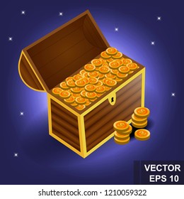 A game. Chest of Gold Cartoon button. Bright. Shine congratulation. Win. For your design