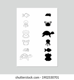 A game for the child to find the shadow. Drawing of fish and sea creatures and their shadows. Vector illustration for playing with a child.