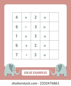  Game for children. Addition and subtraction. Elephant in cartoon style. Education developing worksheet. 