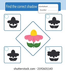 Game for children for attention. Find the correct shadow. Flower. Printable sheet