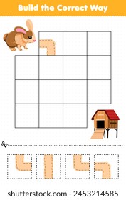 Game for children build the correct way help rabbit move to hutch printable pet worksheet