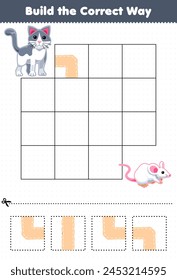 Game for children build the correct way help cat move to mouse printable pet worksheet