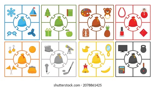 A game for children. Choose pictures by color. Puzzle. Put Santa's gifts in the bag. Vector illustration. Worksheet for printing.