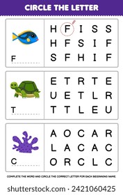 Game for children circle the beginning letter from fish turtle and coral printable pet worksheet