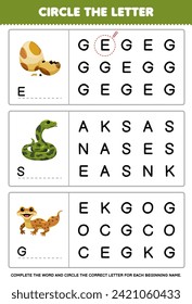 Game for children circle the beginning letter from cute egg snake and gecko printable pet worksheet