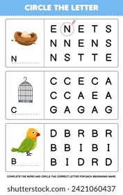 Game for children circle the beginning letter from cute nest cage and bird printable pet worksheet