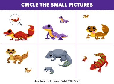 Game for children circle the small picture of cute gecko printable pet worksheet