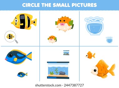 Game for children circle the small picture of cute fish printable pet worksheet