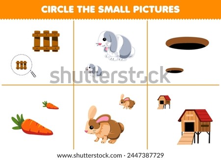 Game for children circle the small picture of cute rabbit and stuff printable pet worksheet