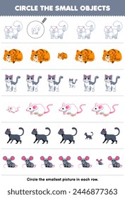 Game for children circle the smallest object in each row of cute cat printable pet worksheet