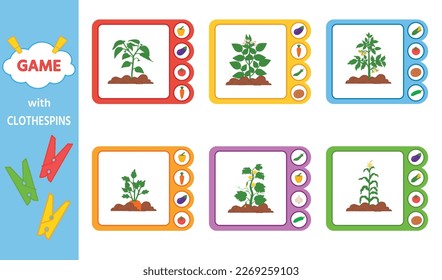 Juego para niños. Tarjetas de espina de ropa. Jardín. Ilustración vectorial. Hoja para imprimir. El desarrollo de la lógica en niños preescolares