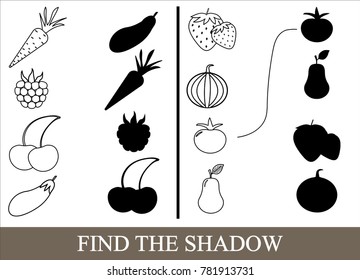 Game for children. Color objects of vegetables, berries and fruits and find the correct shadow. Vector illustration.